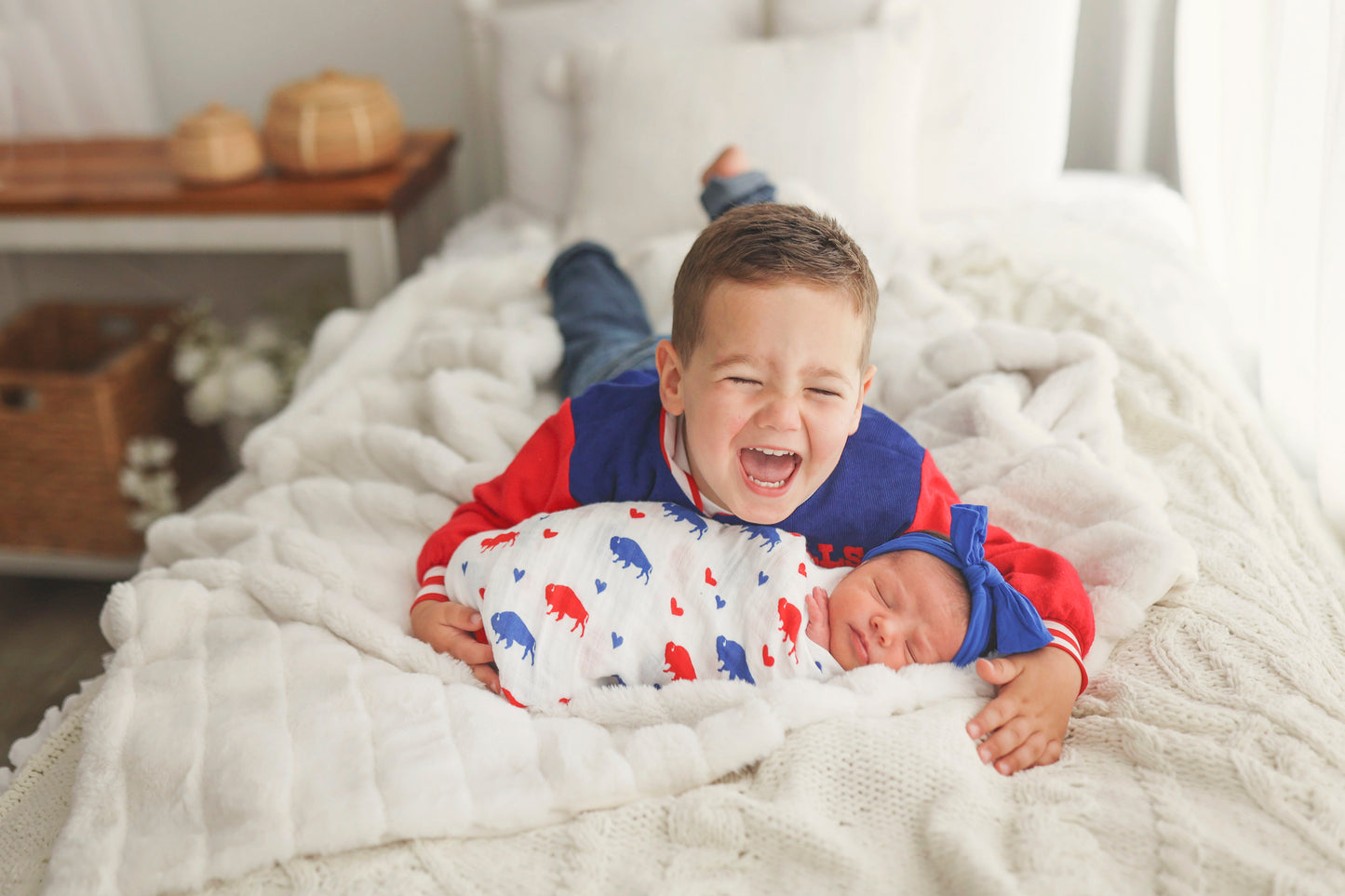 RESTOCKED Baby Muslin Swaddle Blanket Red and Blue Buffalos and Hearts