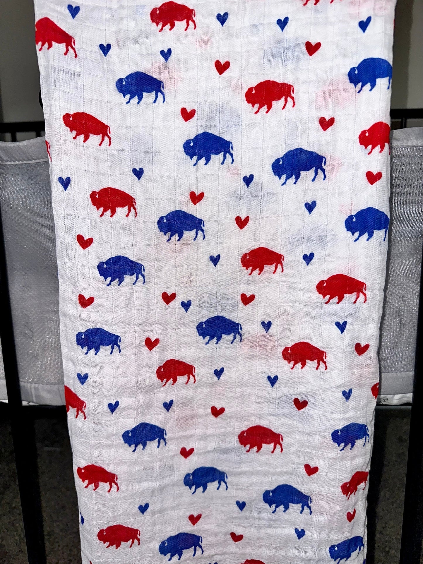 RESTOCKED Baby Muslin Swaddle Blanket Red and Blue Buffalos and Hearts