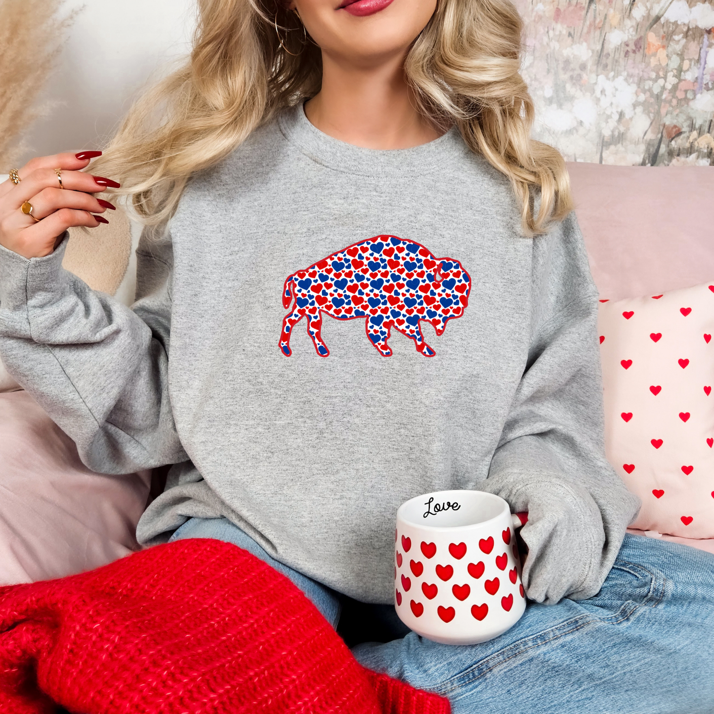 Blue and Red Hearts Buffalo Love Sweatshirt