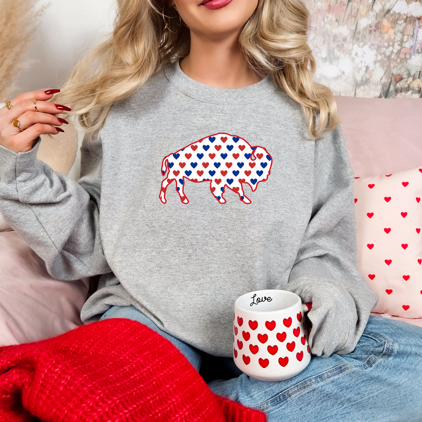 Red and Blue Rows of Hearts Buffalo Valentine Sweatshirt