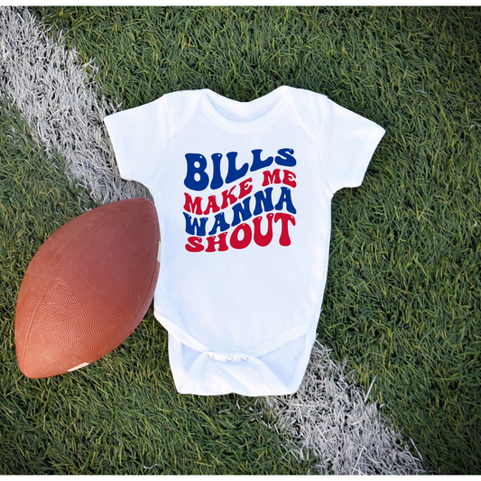 Bills Make Me Want To Shout Retro Wave Cute Buffalo Football One-Piece Infant Baby Bodysuit