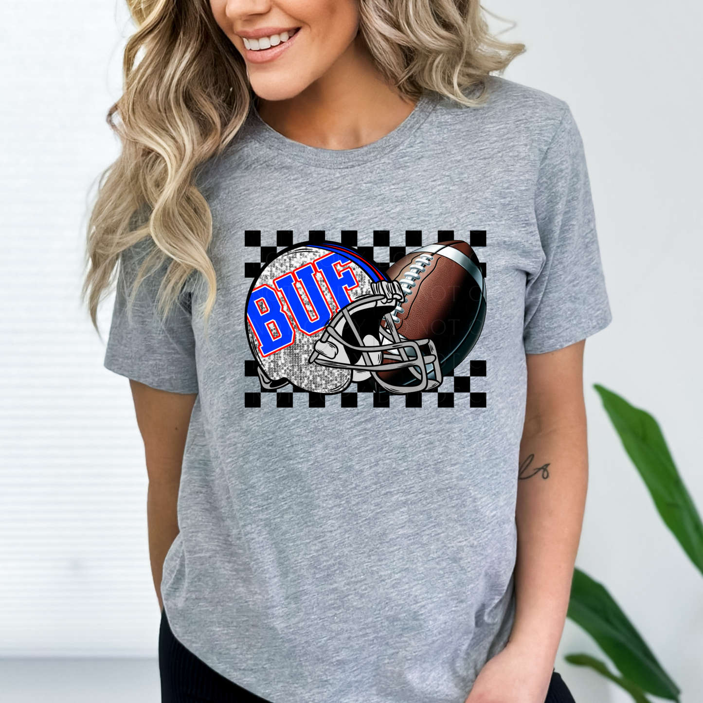 BUF Football Faux Sequins Helmet and Checks T-shirt or Sweatshirt