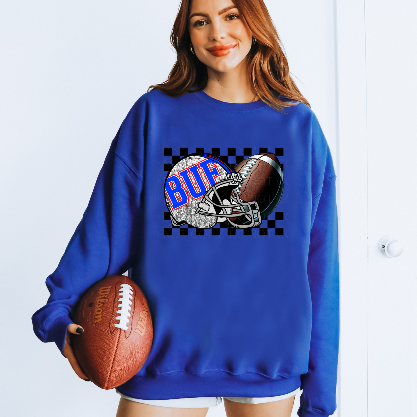 BUF Football Faux Sequins Helmet and Checks T-shirt or Sweatshirt