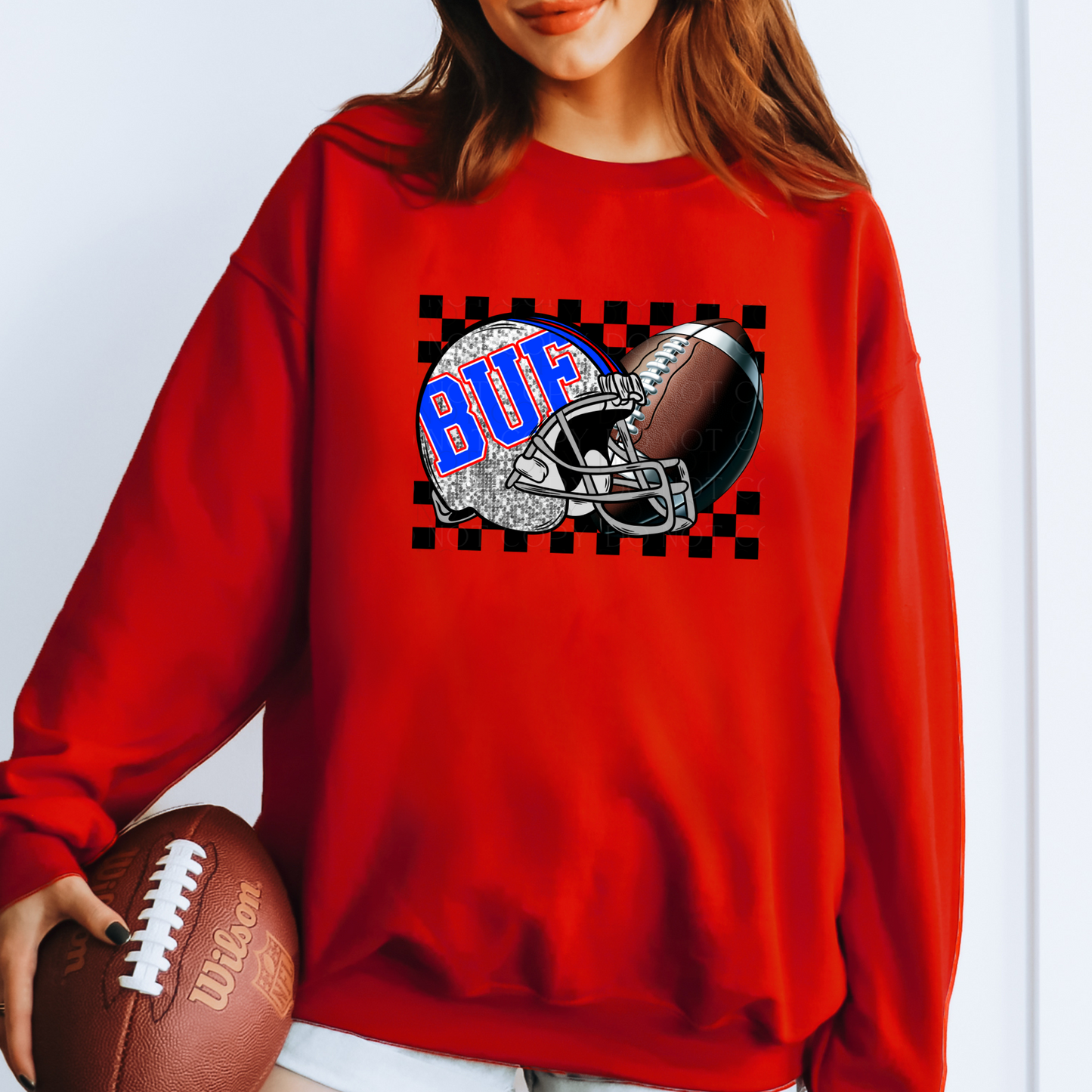 BUF Football Faux Sequins Helmet and Checks T-shirt or Sweatshirt