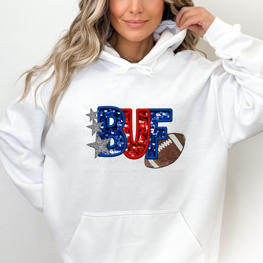 BUF Football Faux Sequins Helmet and Stars T-shirt or Sweatshirt