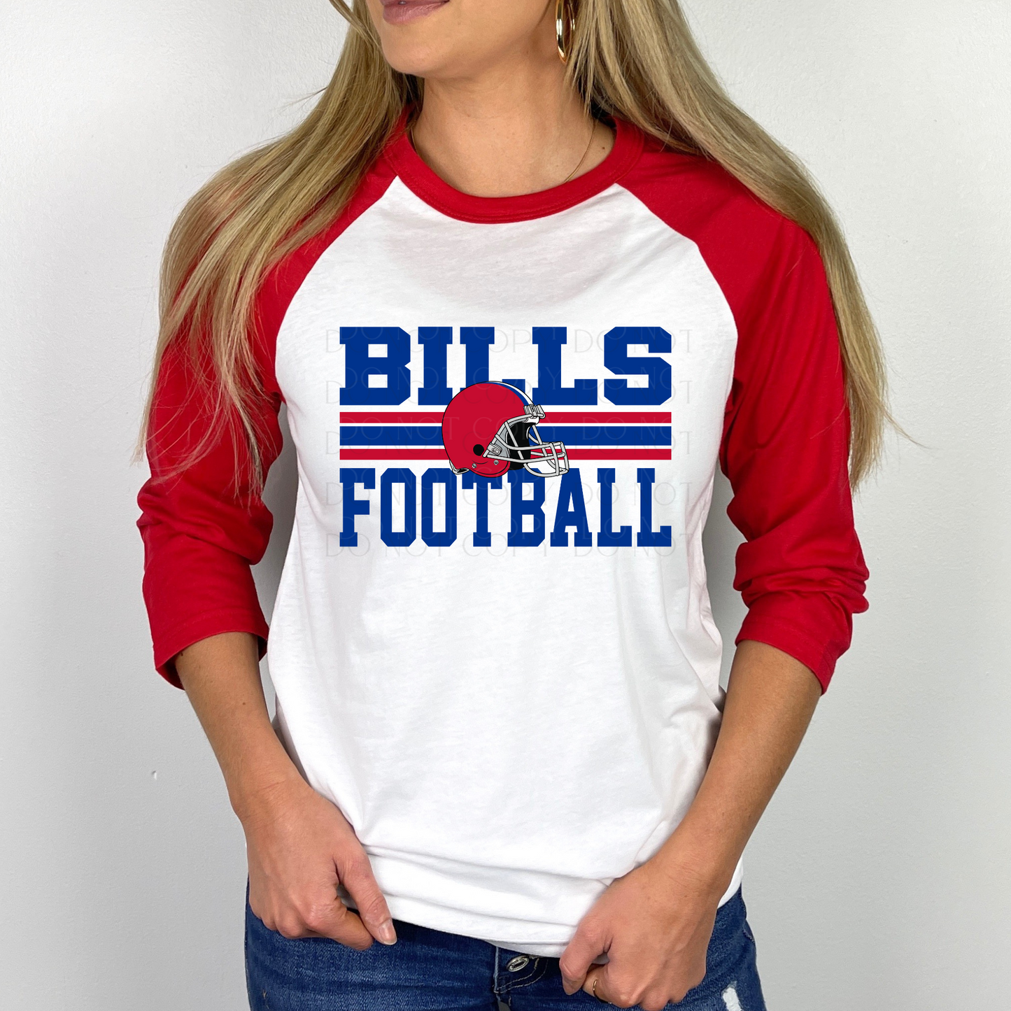 Red and White Bills Football Raglan 3/4 Sleeve Shirt