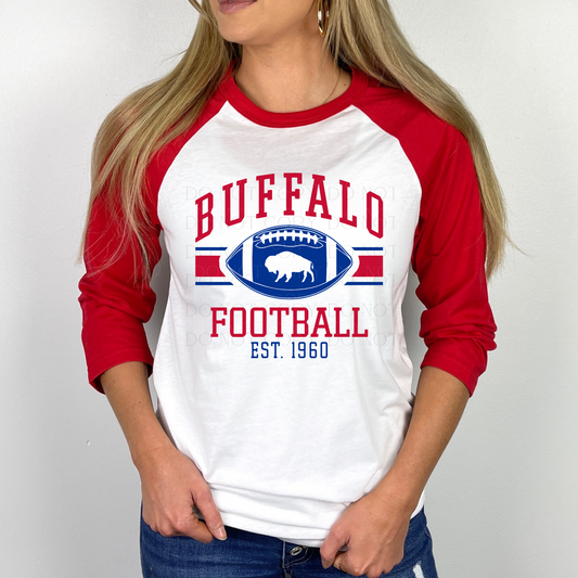 Red and White Buffalo Football Raglan 3/4 Sleeve Shirt