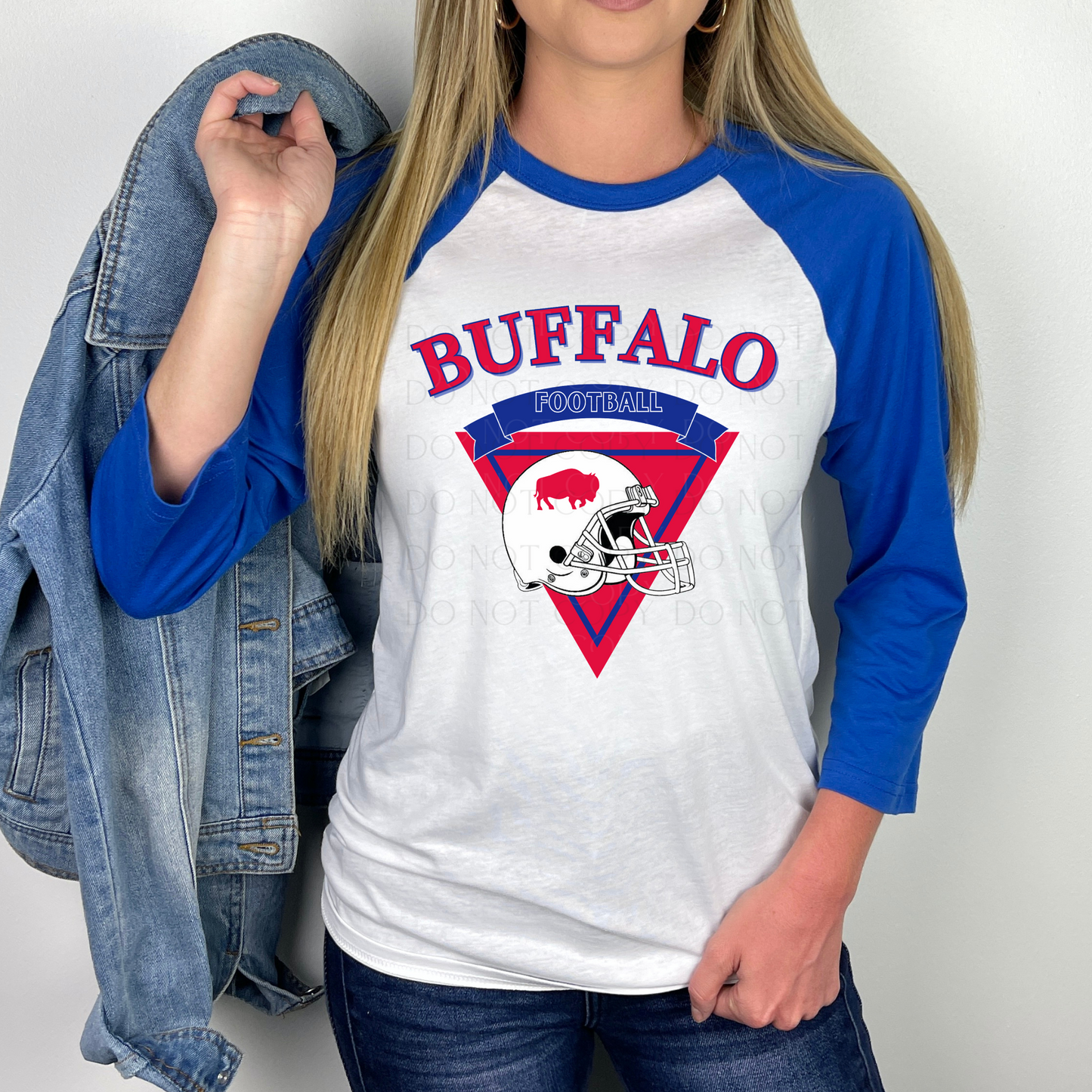 Blue and White Buffalo Football Raglan 3/4 Sleeve Shirt