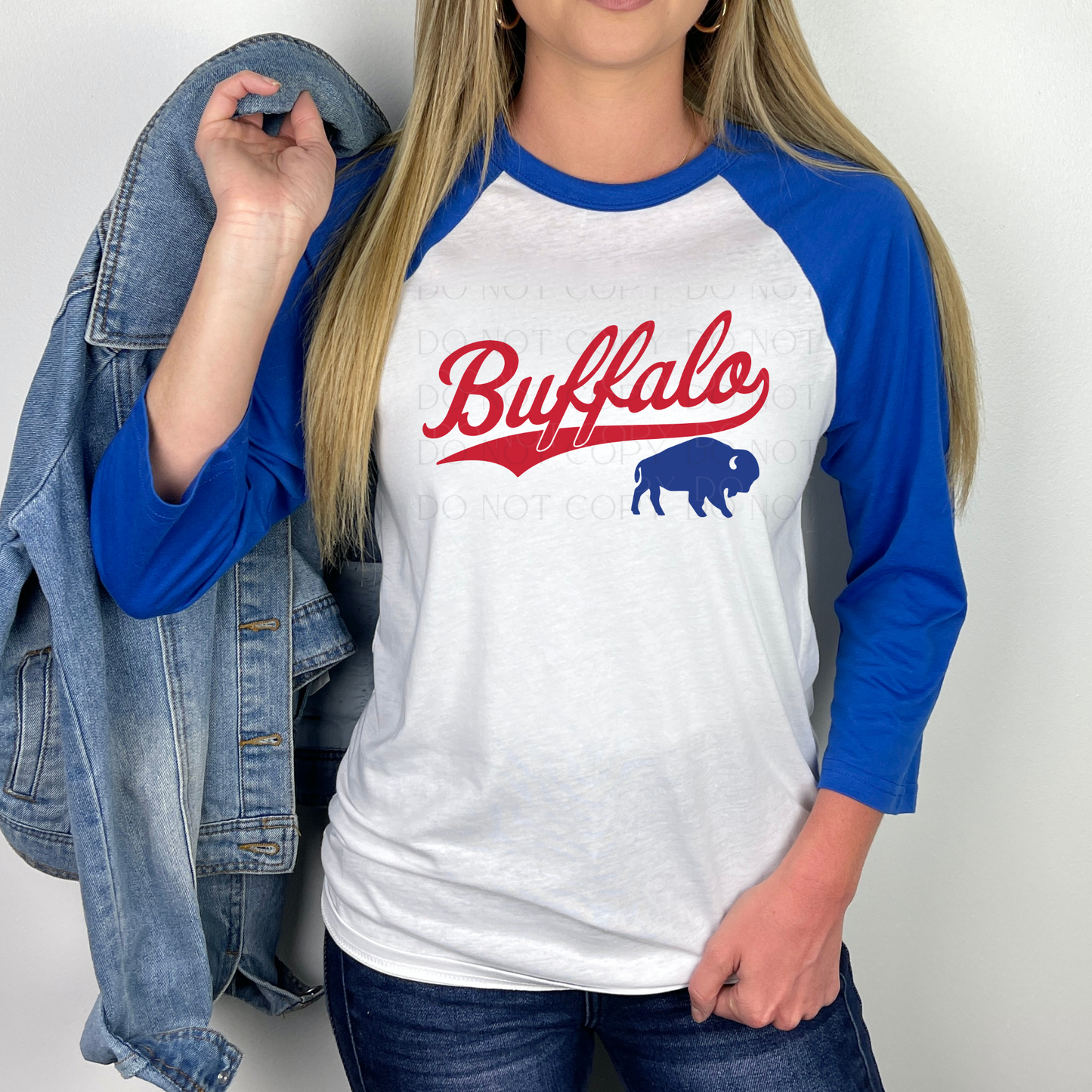 Blue and White Buffalo Raglan 3/4 Sleeve Shirt