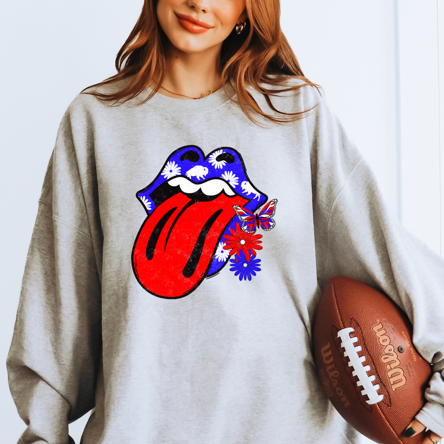 Buffalo Football Tongue Lips Red Blue Flowers T-shirt or Sweatshirt