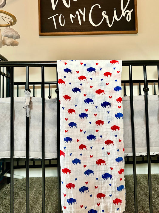 RESTOCKED Baby Muslin Swaddle Blanket Red and Blue Buffalos and Hearts