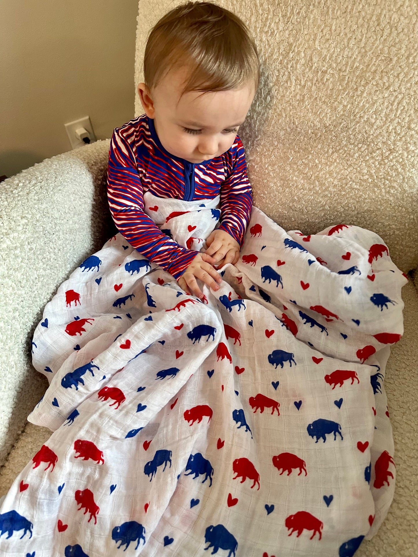 RESTOCKED Baby Muslin Swaddle Blanket Red and Blue Buffalos and Hearts