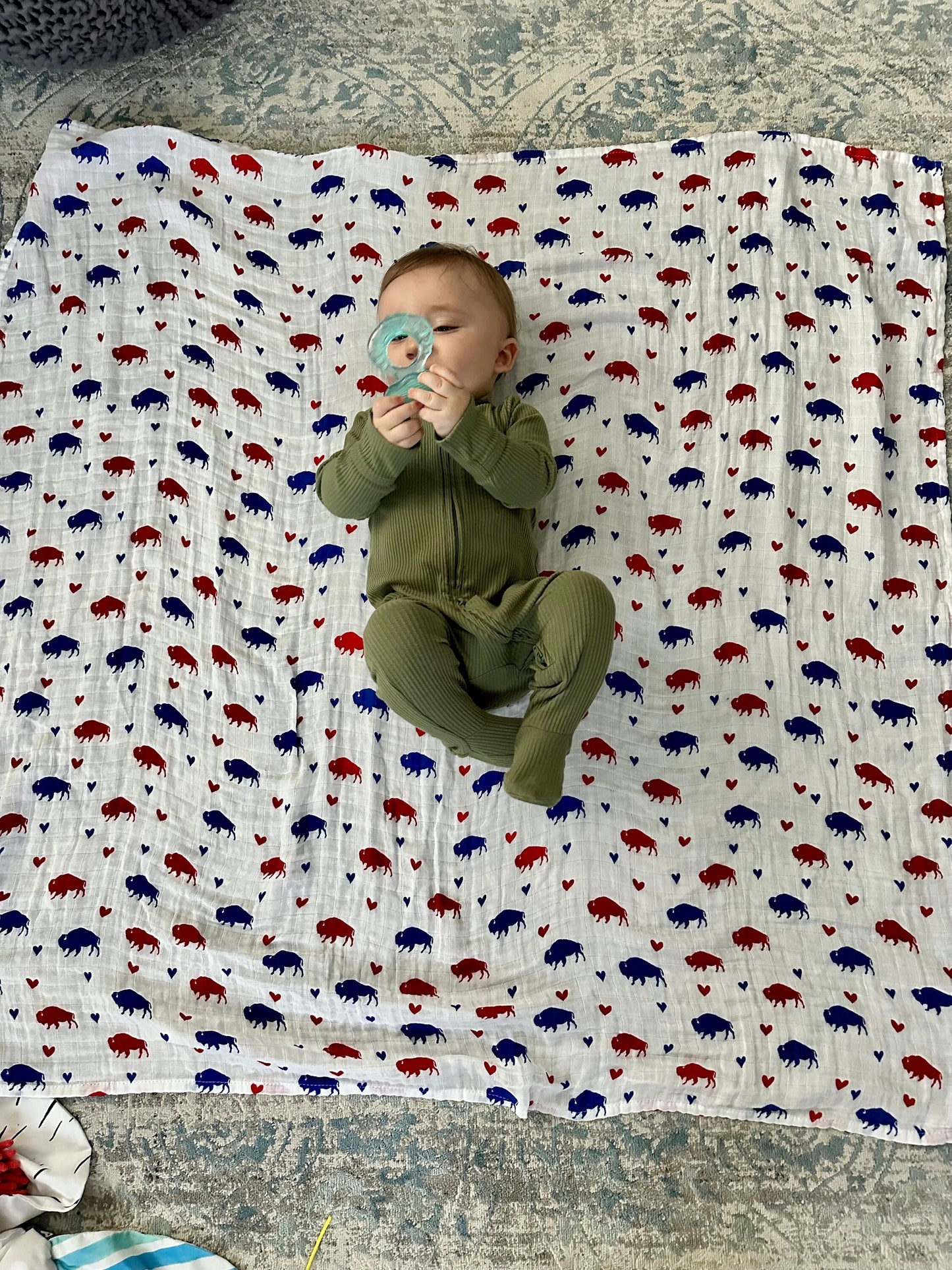 RESTOCKED Baby Muslin Swaddle Blanket Red and Blue Buffalos and Hearts