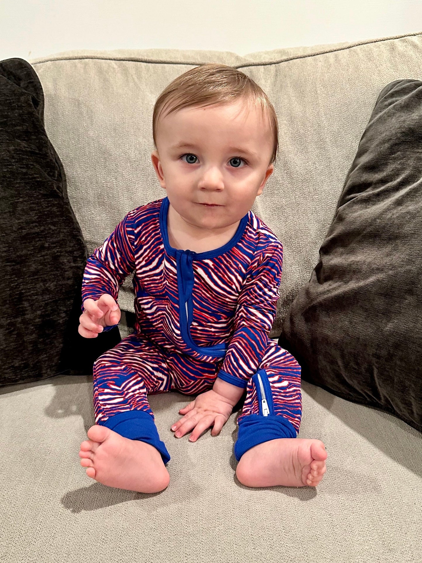 Blue or Red Baby Romper Infant Pajama Red White Blue Stripe Buffalo Football