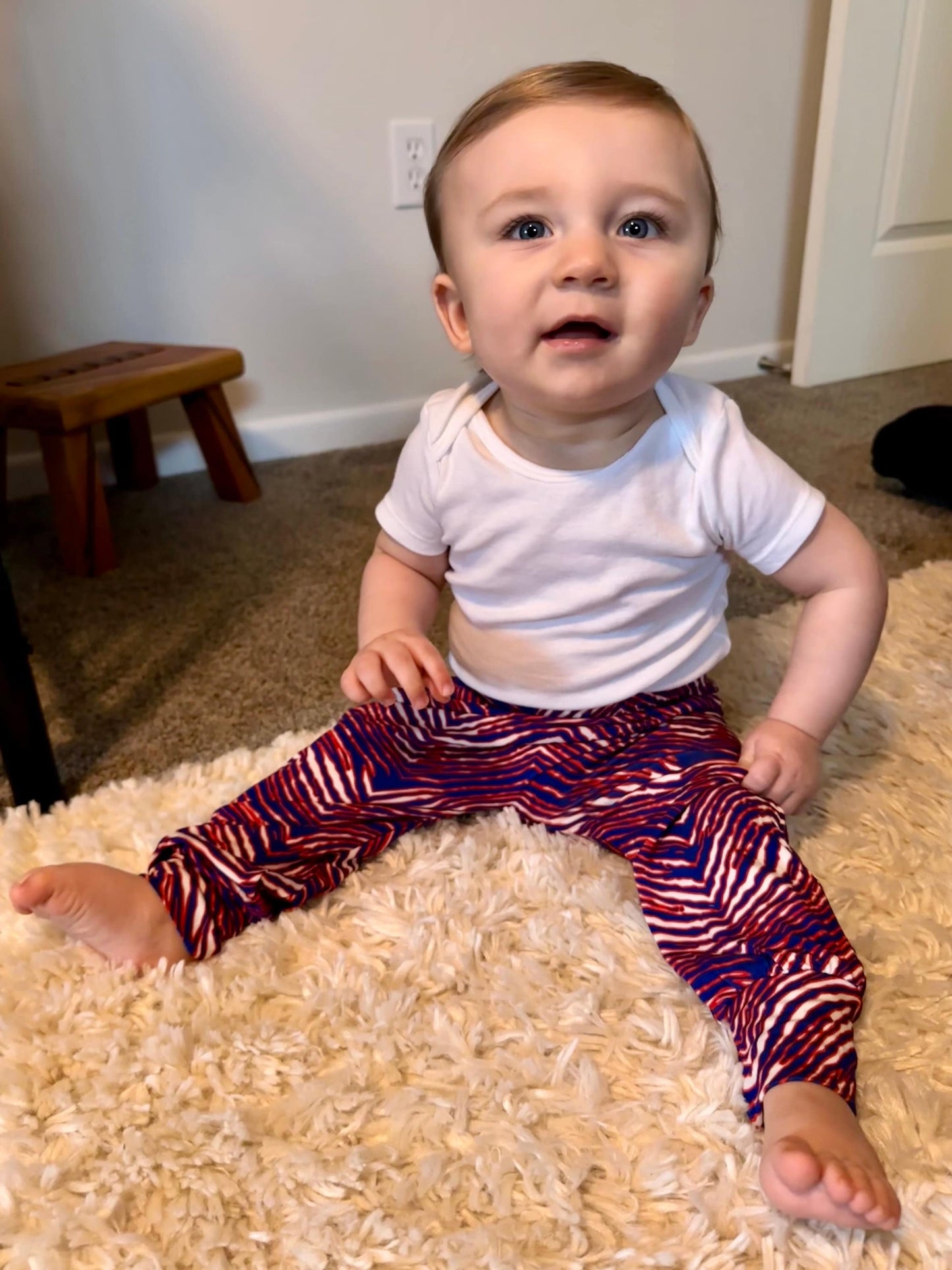 Kids Buffalo Football Joggers, Baby Toddler Youth Red White and Blue Stripe Bamboo Soft Pants