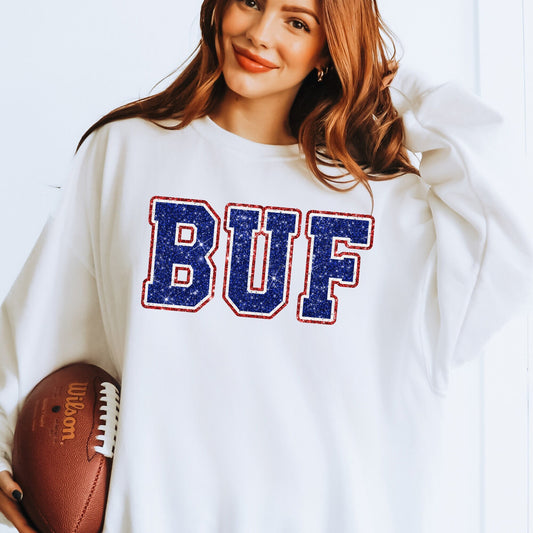 BUF Faux Glitter, Sequins-look, Sparkle Design Buffalo Football T-Shirt or Sweatshirt