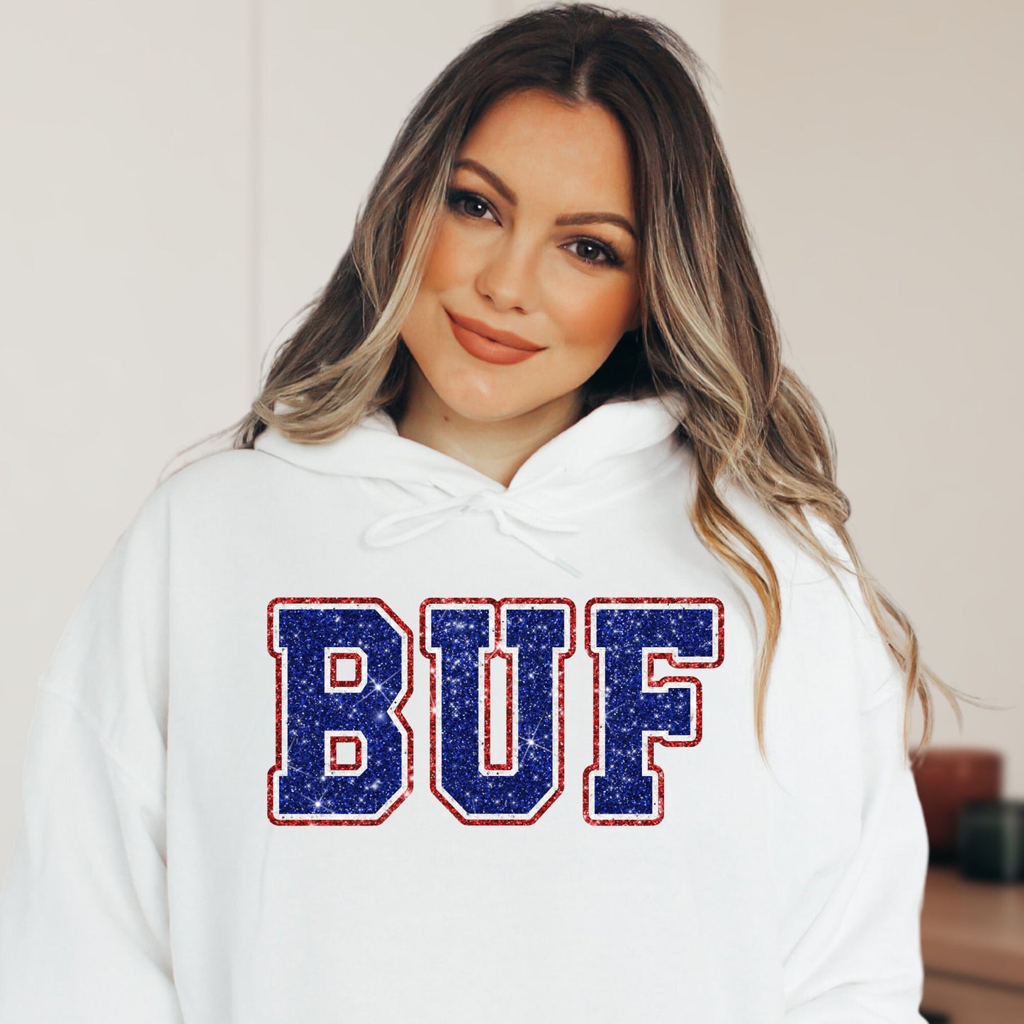 BUF Faux Glitter, Sequins-look, Sparkle Design Buffalo Football T-Shirt or Sweatshirt