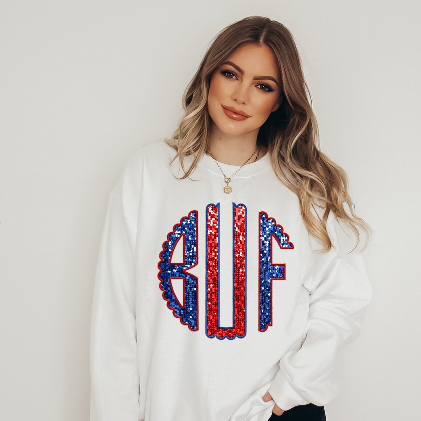 BUF Monogram Round Glitter Sparkle Faux Sequins Embroidery Red Blue Buffalo Football T-shirt or Sweatshirt