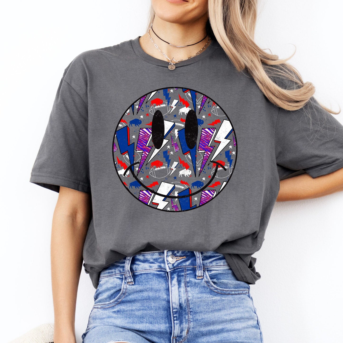 Distressed Round Happy Face Lightening Bolt Zubaz Buffalo Football T-shirt or Sweatshirt