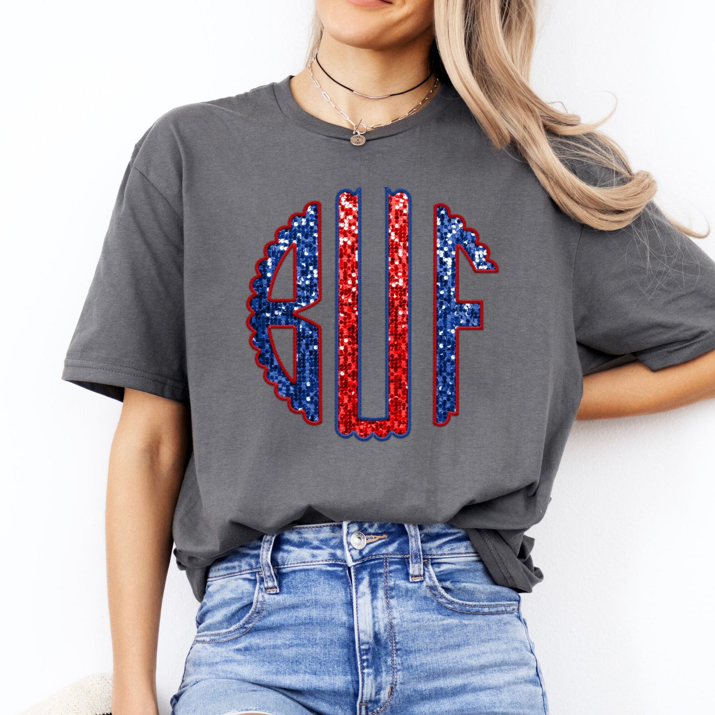 BUF Monogram Round Glitter Sparkle Faux Sequins Embroidery Red Blue Buffalo Football T-shirt or Sweatshirt