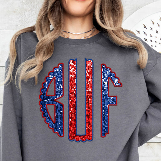 BUF Monogram Round Glitter Sparkle Faux Sequins Embroidery Red Blue Buffalo Football T-shirt or Sweatshirt