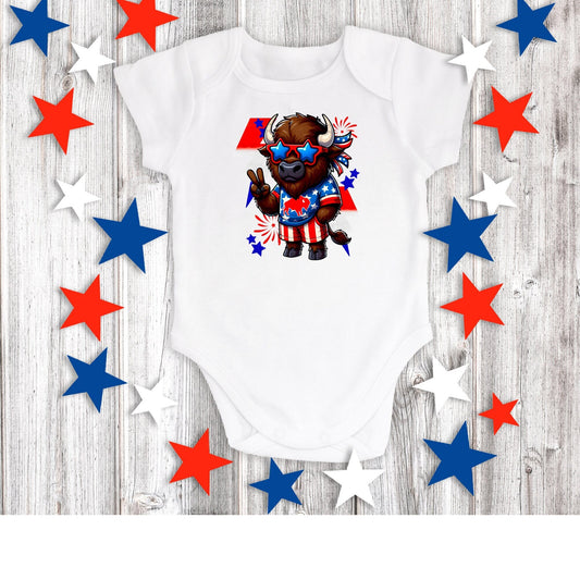 Patriotic Buffalo Baby Short Sleeve White Bodysuit